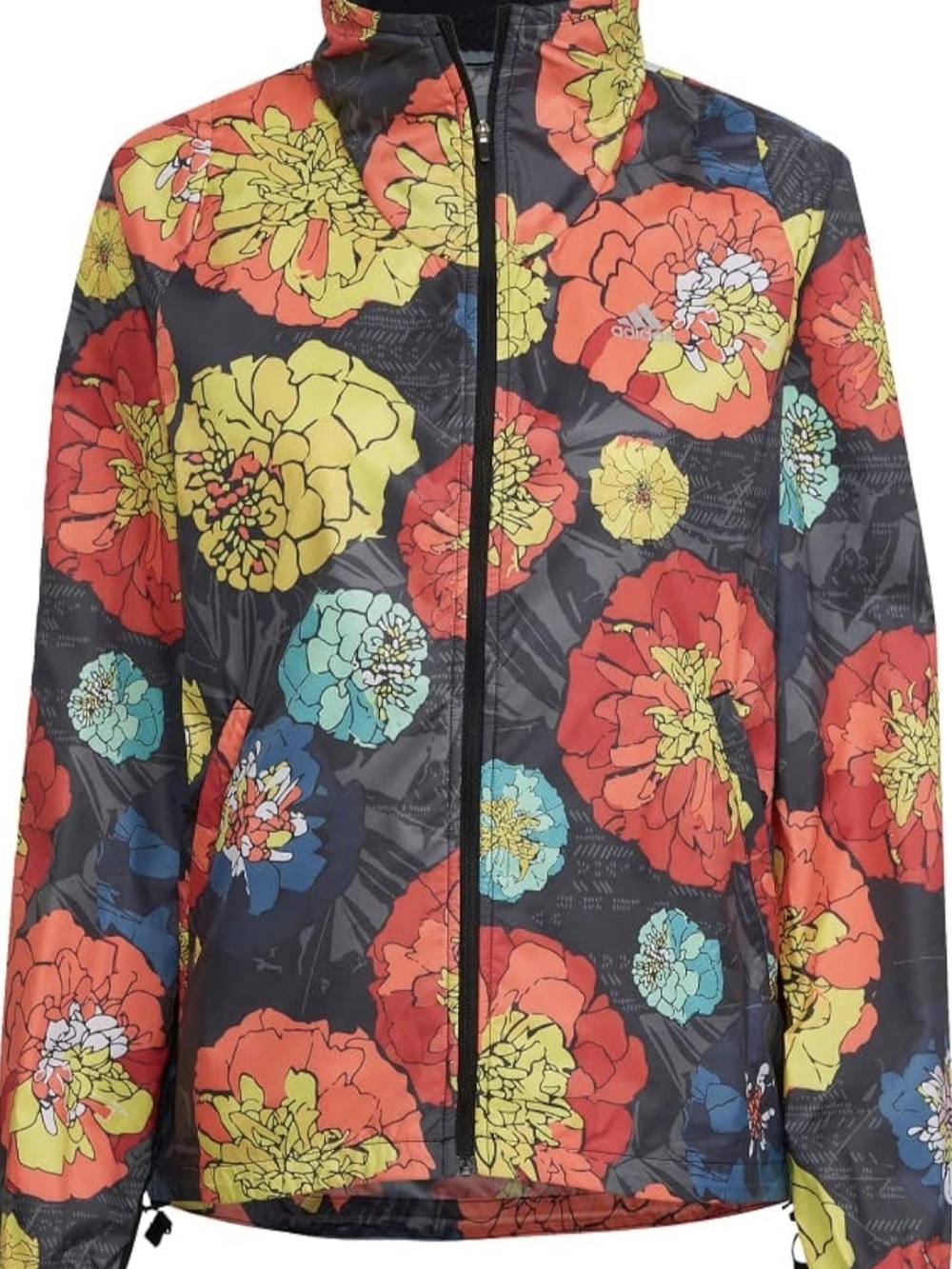 adidas Women's Floral Bomber Jacket in Black with Red, Yellow & Blue Flowers - S